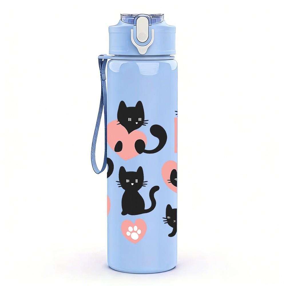 1PC Black Cat Pink Heart Pattern 750ml Color Plastic Sports Water Bottle Leakproof Flip Straw Lid Suitable for Sports Office Home Use