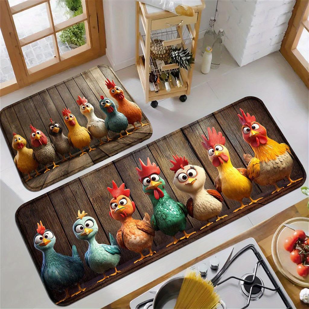 Cartoon Chicken Wood Grain Welcome Doormat, Non Slip Floor Mat for Kitchen Bathroom Patio and Balcony, Spring Summer Decor