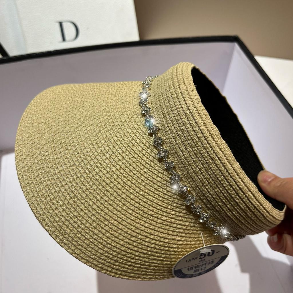 Summer Light Luxury Niche Rhinestone Empty Top Hat Outdoor Travel Fine Grass Woven UV Protection Sun Hat
