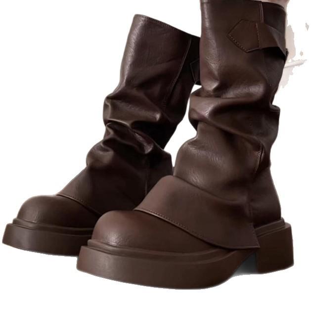 Brown Vintage Maillard Thick Heel Platform Martin Boots Women's 2025 New Summer Versatile Skinny Pant Tube Boots