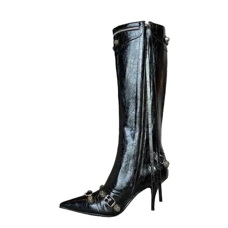 Women Sexy Chelsea Boots Pointed Toe High Heels Shoes Designer Winter New Stilettos Knee High Boots Pumps Motorcycle Botas