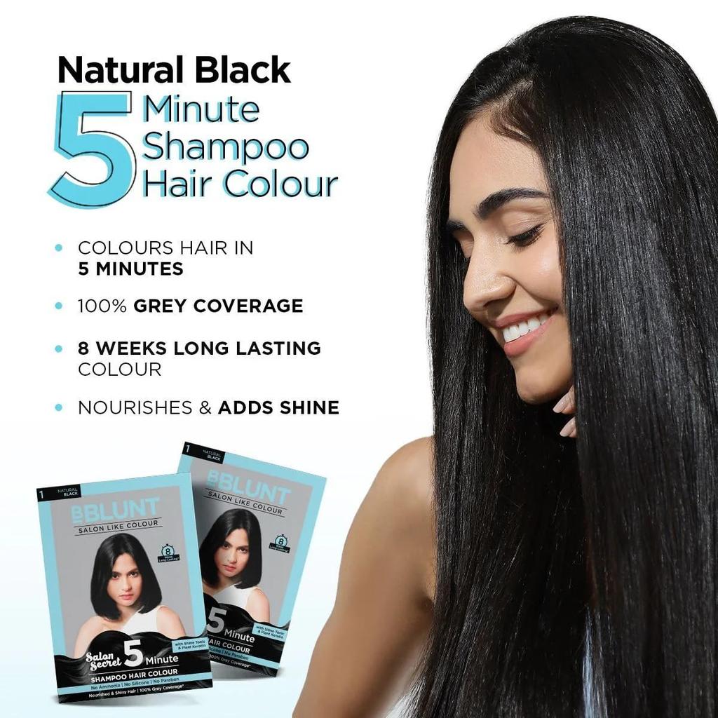 Bblunt Natural Black 5 Minute Shampoo Hair Color, 20 Ml X 5 Sachets Pack of 2, Quick Gray Coverage And Shine At Home