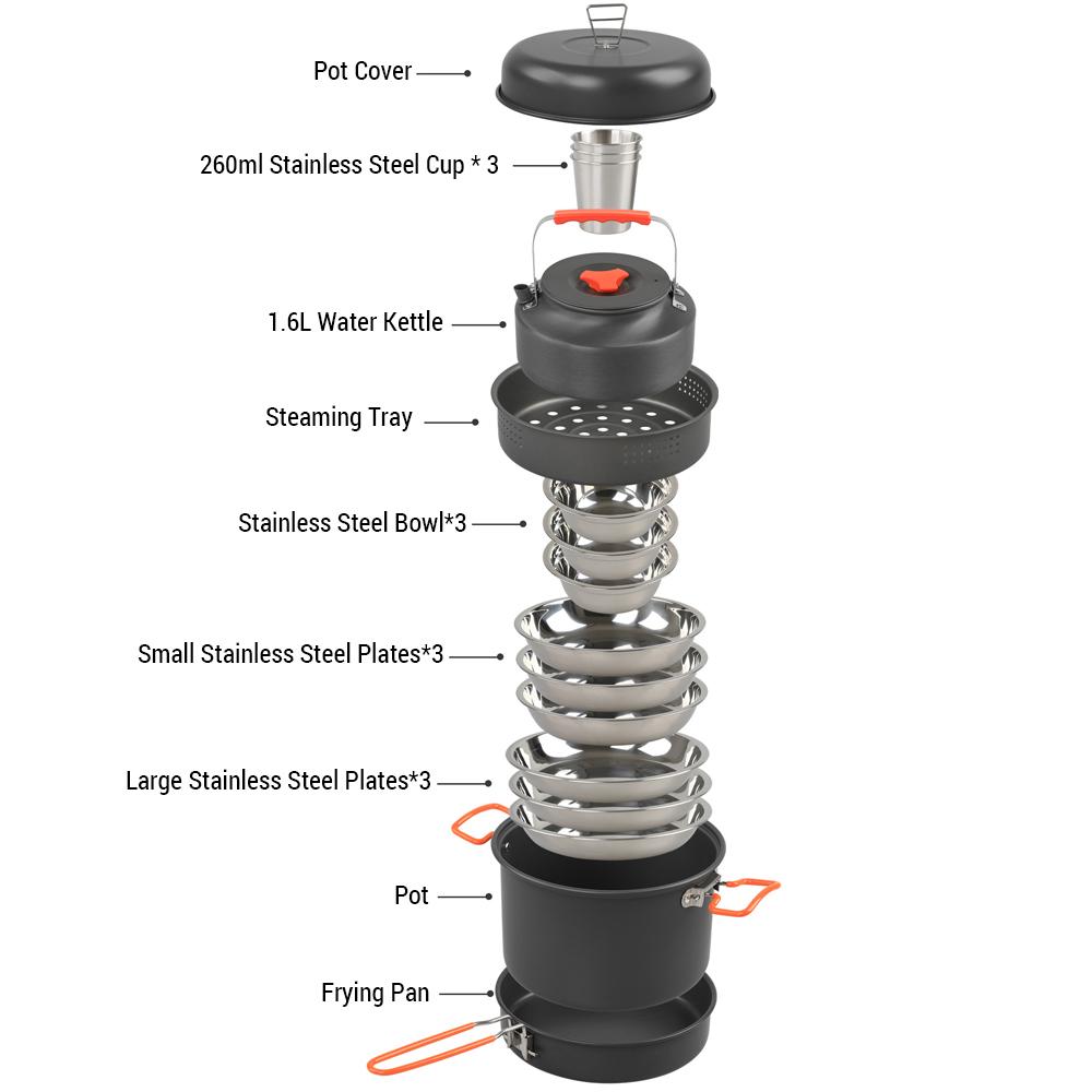 Camping Cookware Mess Kit Aluminum Alloy Pot Pan Steaming Tray Bowl Cup and Water Kettle with Pot Cover
