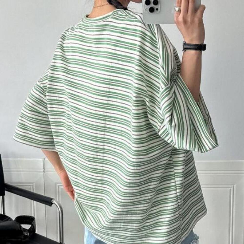 New Arrivals Open Run STripe ShorT Sleeve T shirT Round Neck Box Tee coTTon