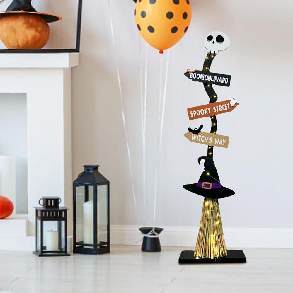 Spooky Design Wooden Witch Broom with Base Halloween Broomstick Ornament  Yard Ornament