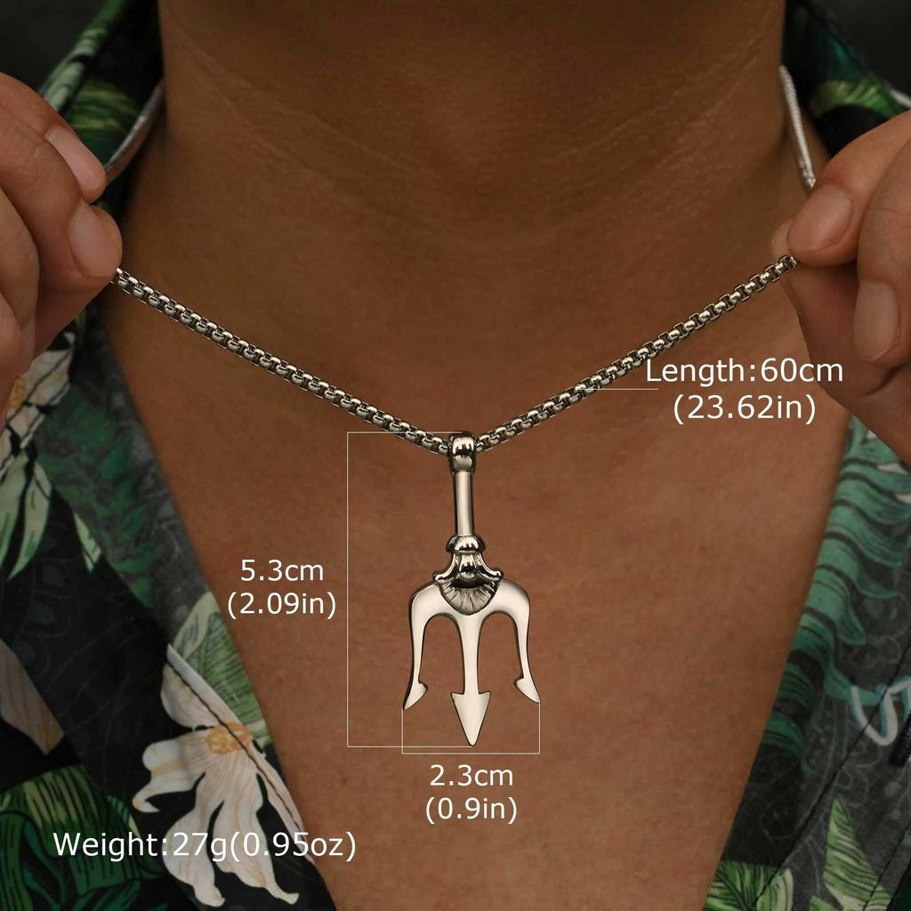 Vnox Men's Rock Punk Trident Pendant Necklace, Stainless Steel 60cm Length Box Chain, Hip Hop Metal Jewelry Accessory