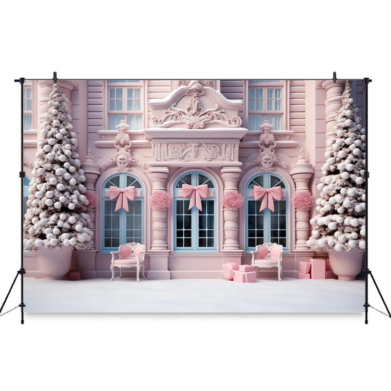 Mocsicka Christmas Backdrop Photography House Pink Bow Xmas Tree Snow Decorations Family Party Child Photo Backgrounds Wallpaper167