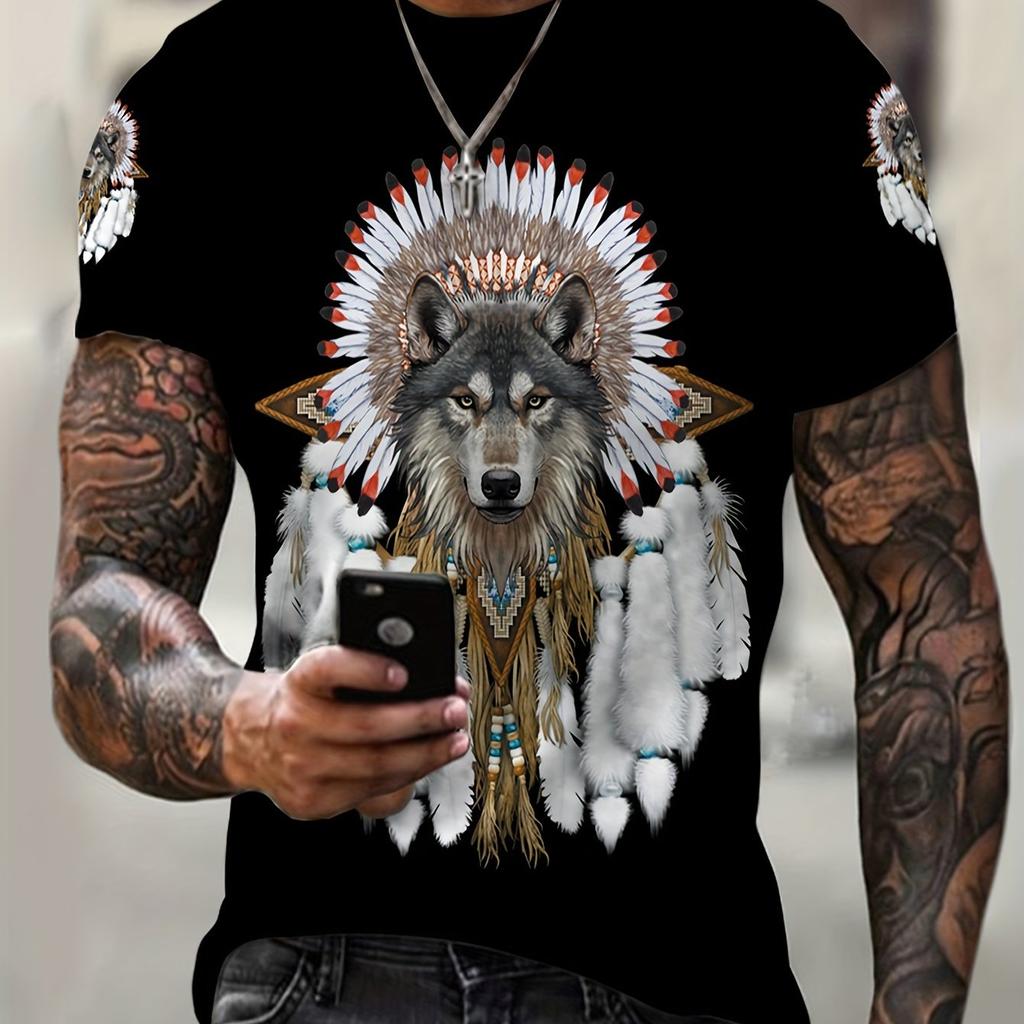 Plus Size Mens Feathery Wolf Graphic T-shirt - Lightweight Summer Style Trendsetters