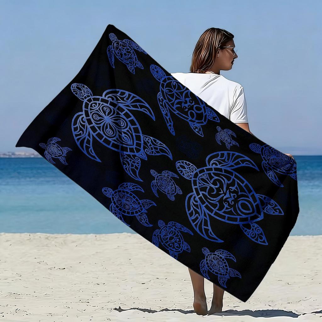 1pc, Blue Ocean Style Large Soft Beach Towel with Turtle Totem Print, Microfiber Bath Towel, Quick-Drying and Super Absorbent