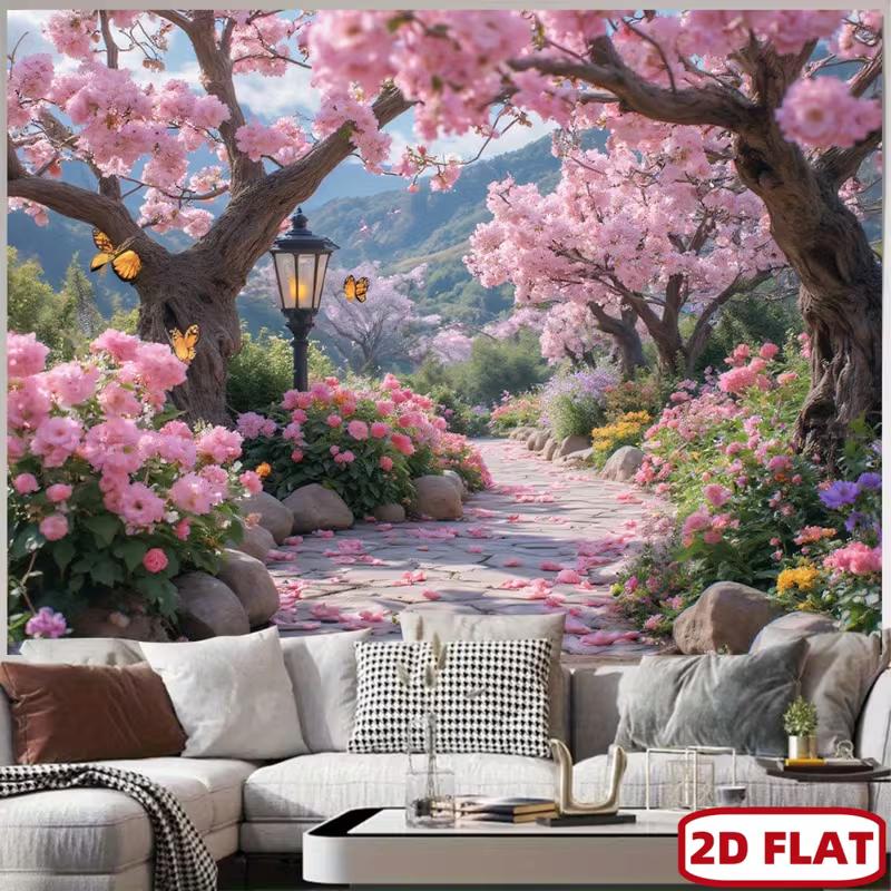 2D Pink Sakura Garden Tapestry Cherry Blossom Path Stone Road Wall Hanging for Bedroom Living Room Party Decor