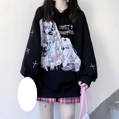 Gothic Harajuku Anime Hoodies Women Goth Japanese Streetwear Cartoon Print Hooded Sweatshirts Black Tops Autumn Y2k