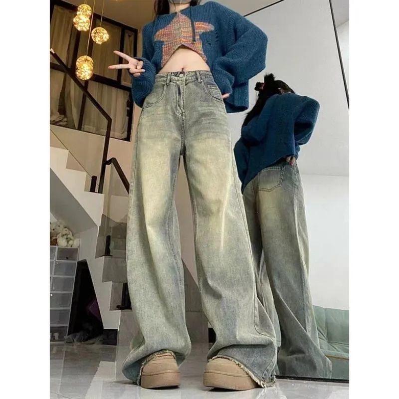 Women's High-Waisted Retro Straight-Leg Jeans - Plus Size, Floor-Length, Raw Hem, Spring/Autumn