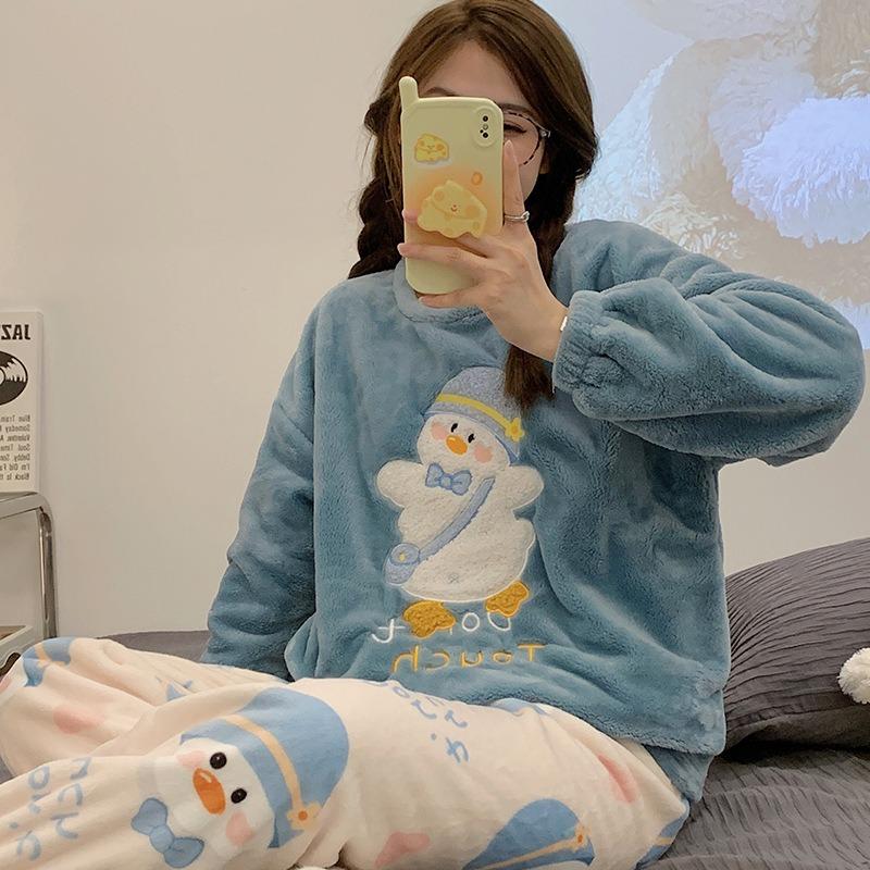 Thickened Warm Sleepwear for Winter Flannel Women Nightwear Homewear Ladies Cartoon Pajamas Loungewear Two-Piece Suit