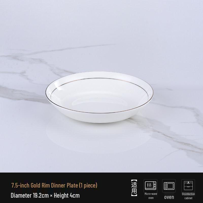 Ceramic Gold Rim Bone China Tableware Set - Microwave Safe Deep Plate, Rice Bowl for Home and Hotel Use.