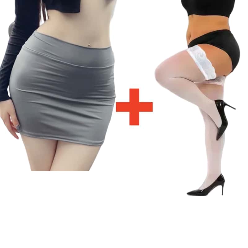 2PCS/SET Women High Waist Pencil Mini Skirts+Stockings Dress Set,Sexy Casual Wrap Hips Black Short Skirt and Pantyhose