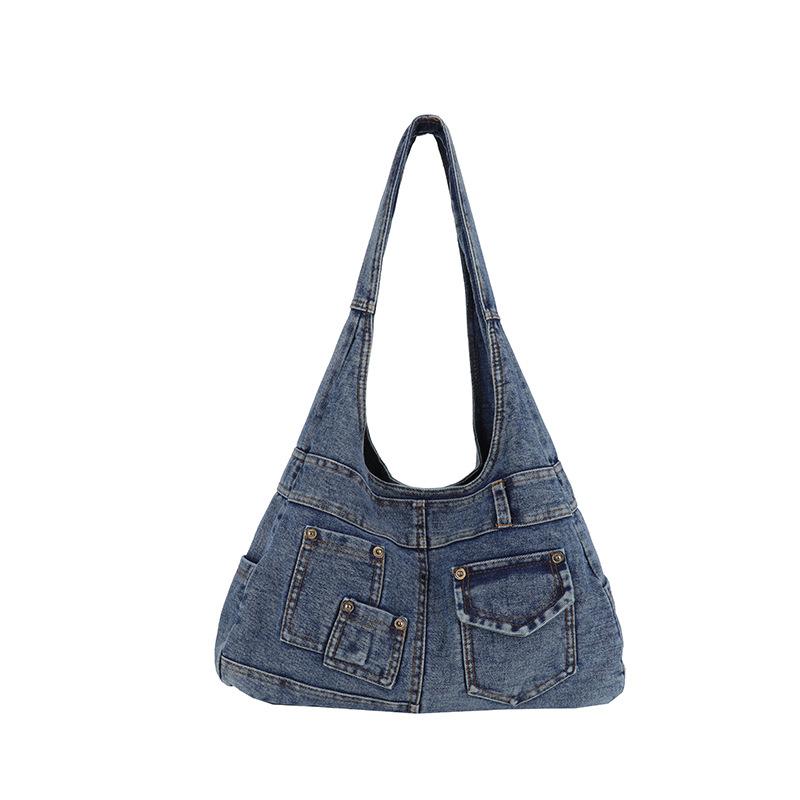 Washed Denim Slouchy Hobo Bag with Multiple Front Pockets Casual Large Capacity Shoulder Purse for Women Daily Travel