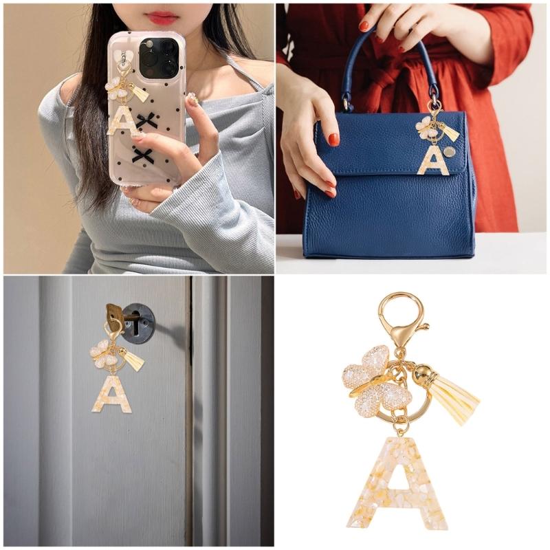 Trendy Metal Resin Keychain Butterfly Letter Tassels Designs Corrosion Resistant Lightweight Keyring For Women