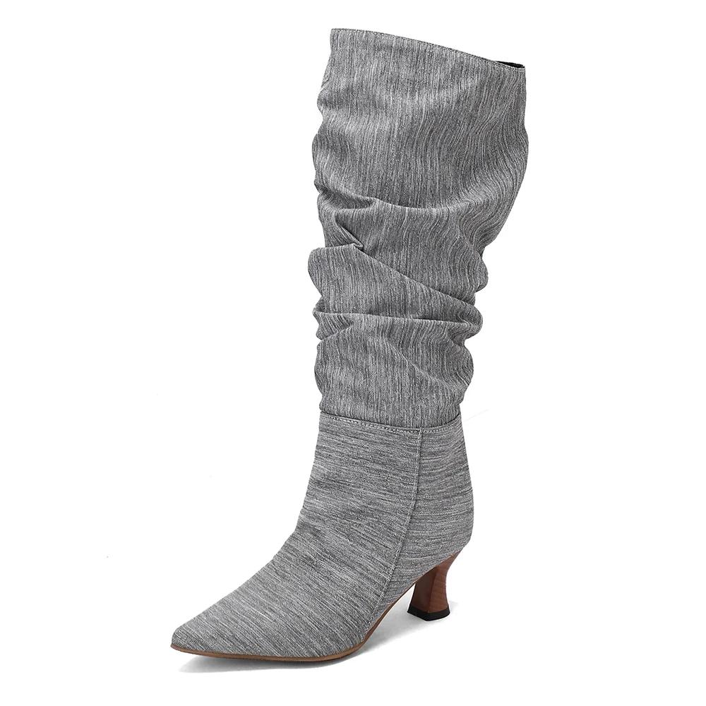 Retro Pleats Thigh High Boots for Women Autumn Thick Heeled Pointed Toe Cowboy Boots Woman Slip On Western Long Botas Mujer