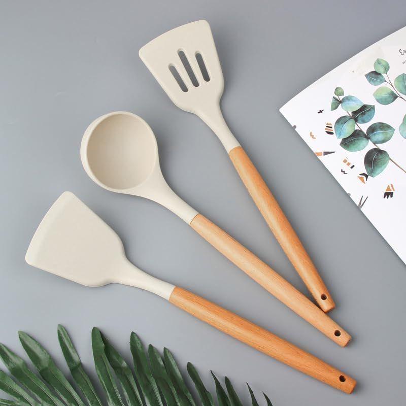 Non-Stick Silicone Cooking Utensils Set, 3 Pcs With Wooden Handle, Silicone Kitchen Gadgets