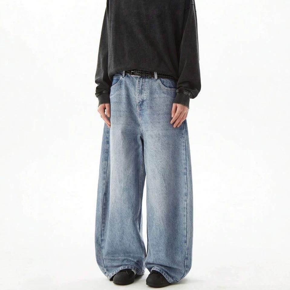 American retro washed blue scimitar jeans men's loose wide legs drape lazy casual trendy jeans