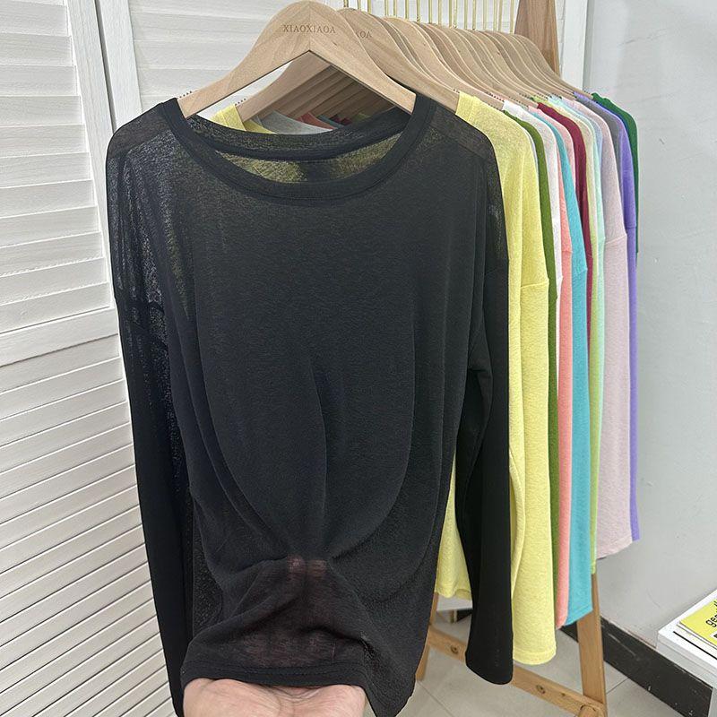 Dámský top s dlouhým rukávem v jednobarevném provedení, letní mikroprůhledný styl, tričko s kulatým výstřihem, korejské minimalistické dámské oblečení