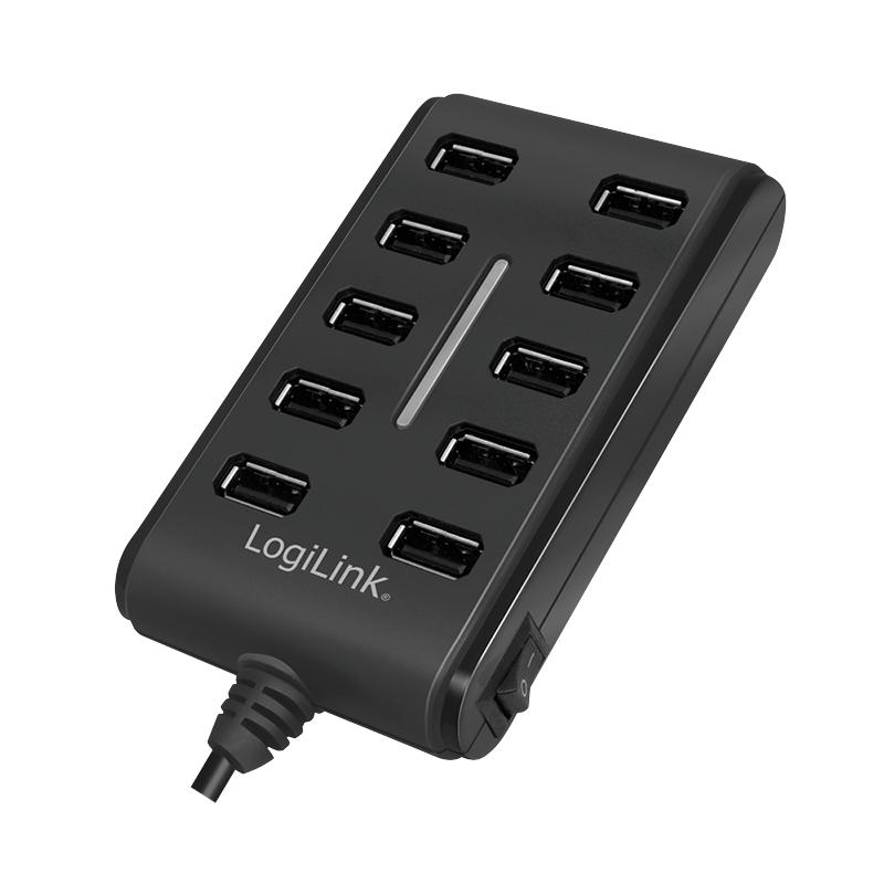 USB 2.0 Hub, 10 ports, with on/off switch, 480 Mbit/s - LogiLink