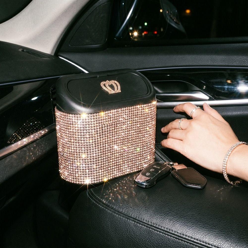 Shimmering Rhinestone Car Seat Back Trash Basket Hanging Mini Desktop Trash Can  Office