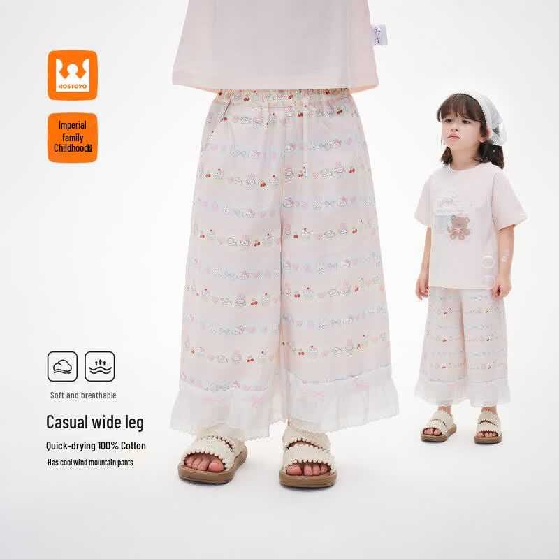 Girls Cartoon Print Wide-Leg Cropped Pants 110