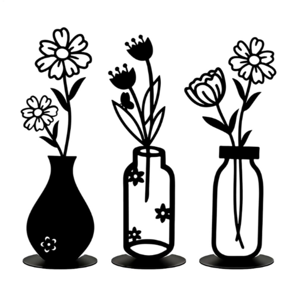 3 Pieces Line Vase Set Black Floral Iron Decorations Modern Aesthetic Metal Art Statue Wall Art Table Vase Home Decor