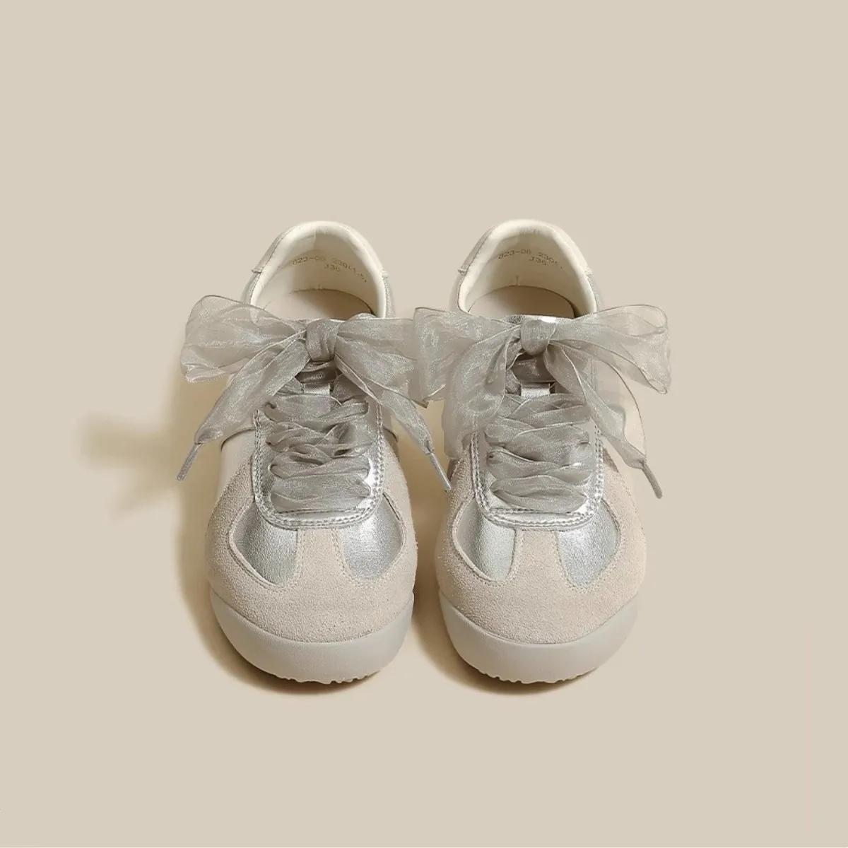 

Ретро-нишевая атласная обувь на шнуровке с плоским дном, цветные блоки, повседневная женская спортивная обувь для тренировок по танцам и балету 40 серебряный