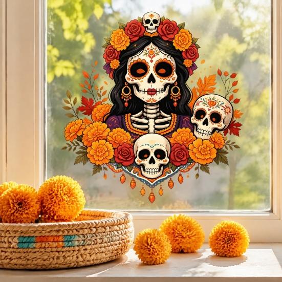 Unique Gift for Mexican Culture Fans Day of The Dead Window Clings, Dia De Los Muertos Sticker, Colorful Decorative Film Parties Sugar Skull