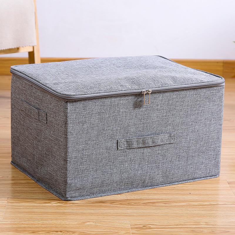Cotton Linen Storage Box with PP Padded Bottom Foldable Zippers Storage Bag Organizer Case for Seasonal Duvets Clothes Bedding