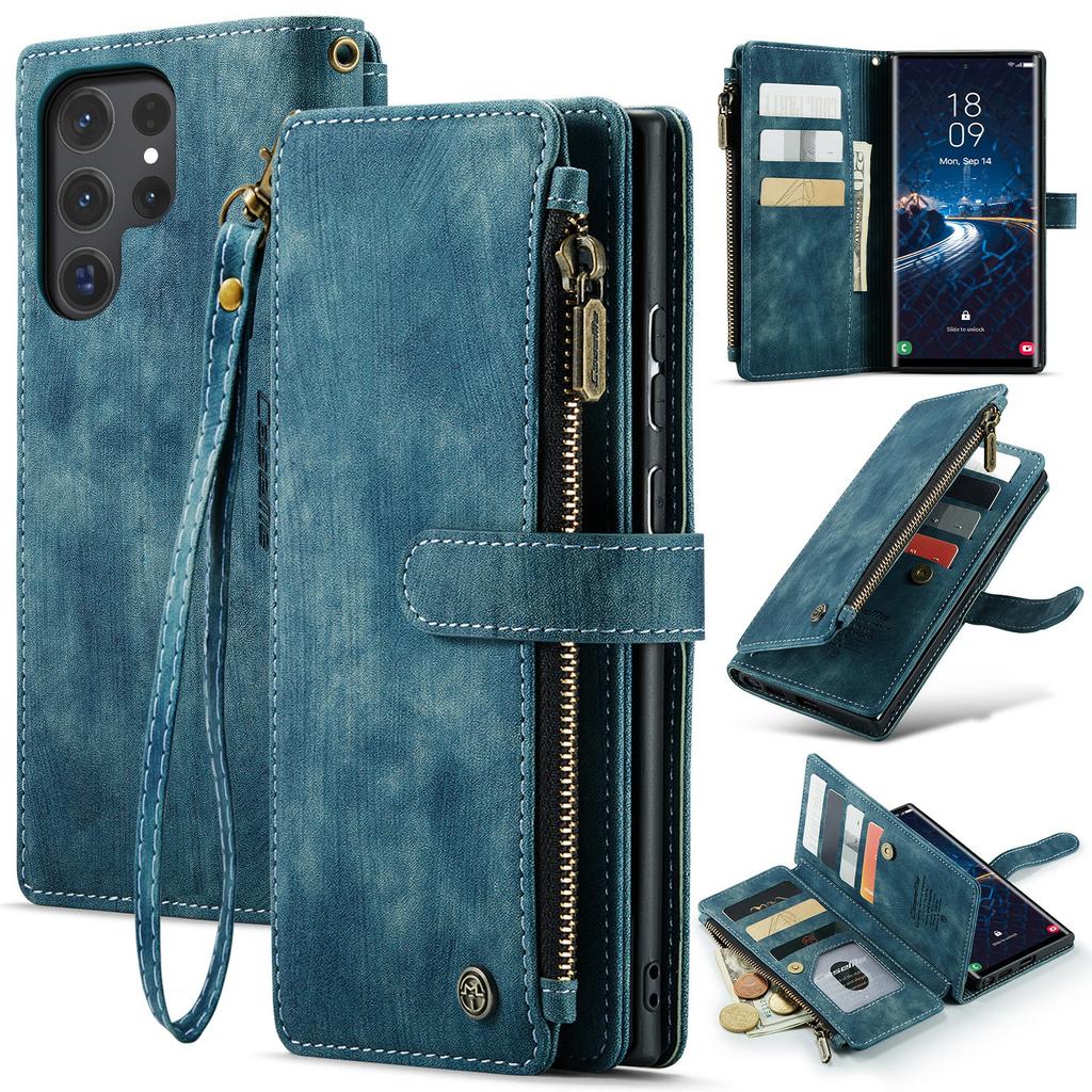 For Samsung Galaxy S24 Ultra Phone Cases with Strap CASEME C30 Zipper Multiple Card Holder PU Leather Cover