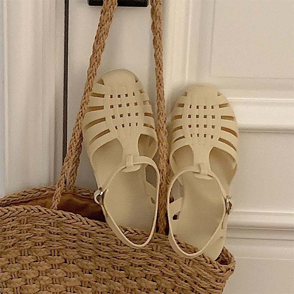 Moda Estate 2025 Sandali Romani in Gelatina da Donna Sandali da Spiaggia Trasparenti Cristallo Retro Punta Tonda Casual Traforati Scarpe di Designer
