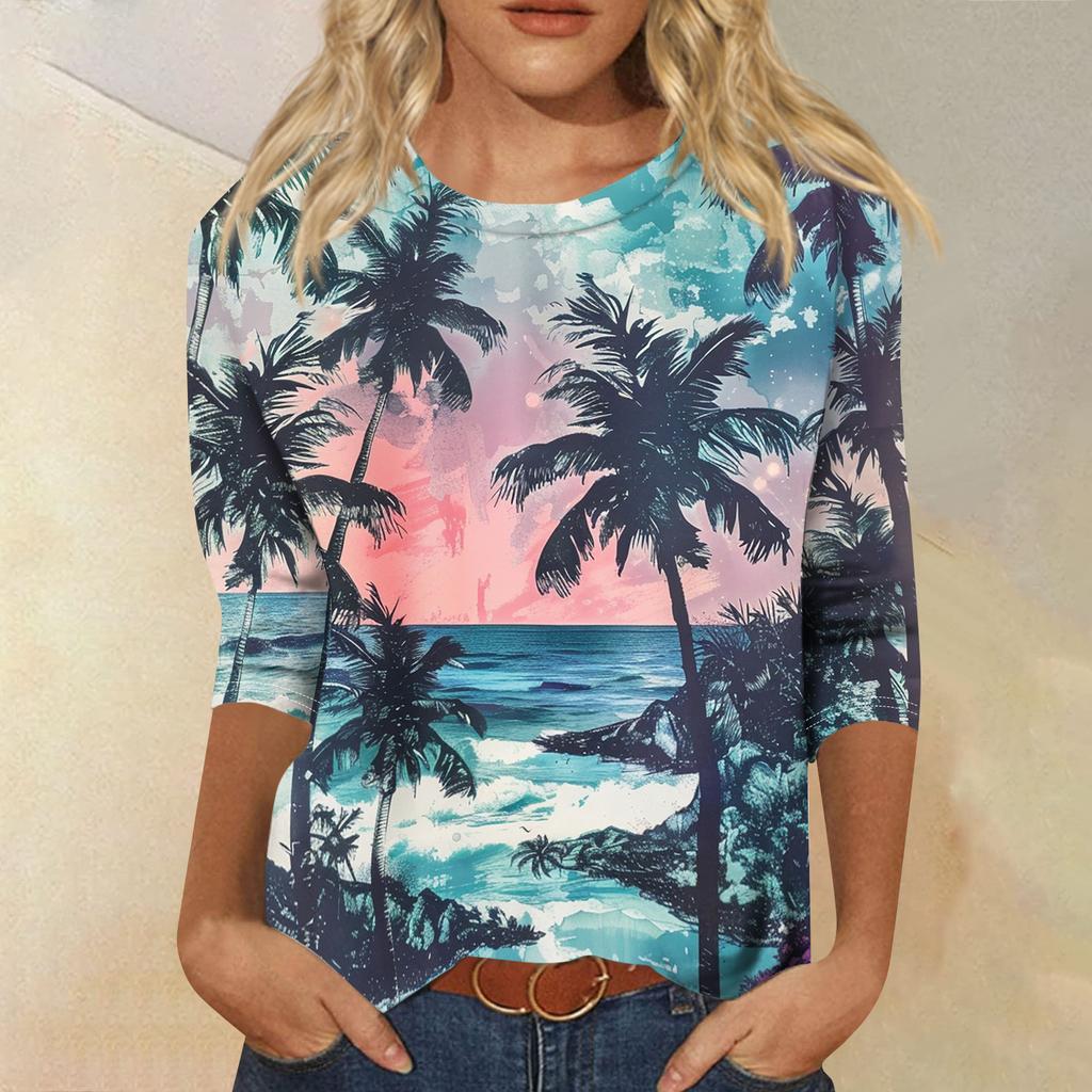 Módní vintage top s 3/4 rukávem pro ženy, dámská ležérní halenka s tříčtvrtečním rukávem a kulatým výstřihem s potiskem