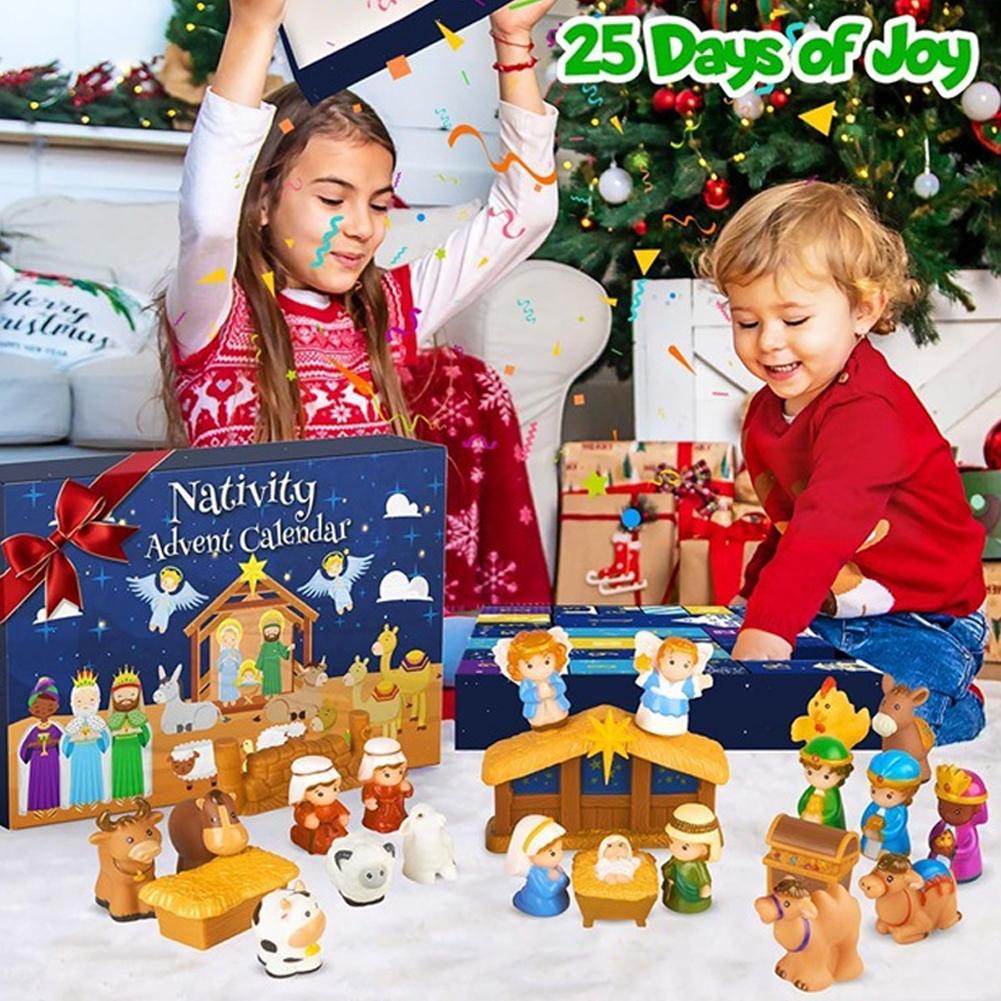 Krippenset Adventskalender 2025, Krippenset Figuren für Kinder Weihnachts-Countdown-Kalender mit 25 Überraschungen Tischszene Figur
