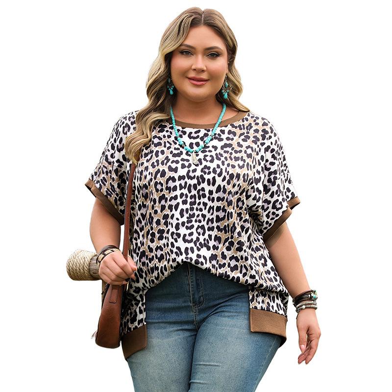 

2025 Summer Leopard Print Plus Size Short Sleeve Women s Fashion Loose Split Pullover Top 4XL цветной печати леопарда