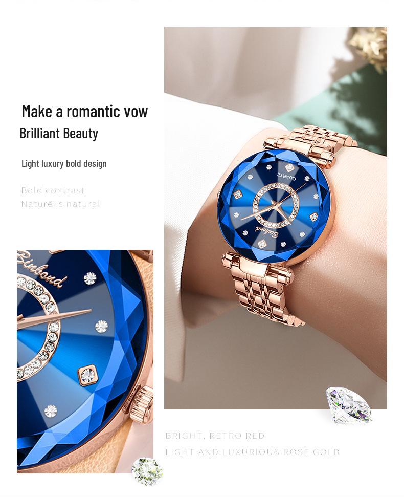 Women's Waterproof Ocean Heart Multi-Faceted Glass Watch with Stainless Steel Band - Blue Starry Sky Design