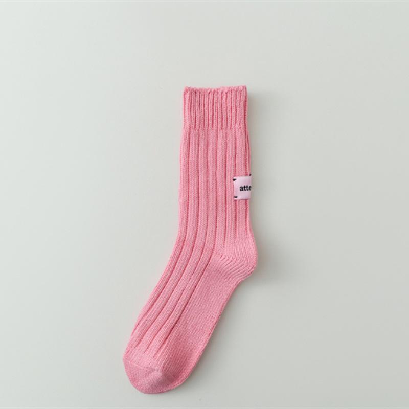 Japanese Pink Label Chunky Knit Mid-Calf Socks - Unisex Solid Color Raw Cotton