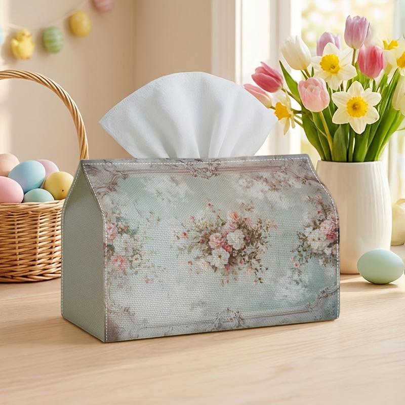 1pc Vintage Floral Tissue Box, Soft Rose Border Pattern, Sturdy Fabric Versatile Decorative Organizer for Kitchen And Living Room, Tissue Dispenser fo