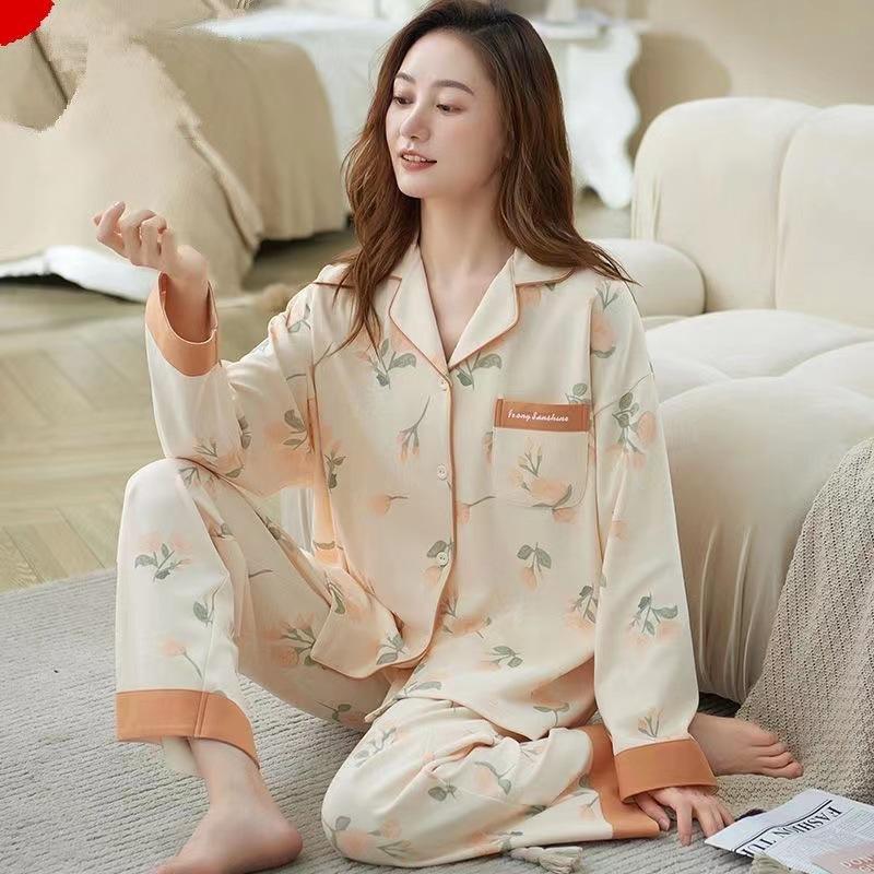 Women's 100% Cotton Long-Sleeve Pajamas for Middle-Aged & Elderly - Loose Cardigan for Autumn/Winter