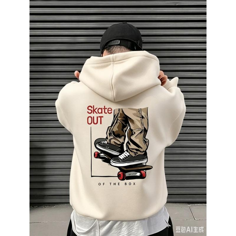 Street Skateboarding Culture "Skate Out" Logo Printed Men's Hooded Sweatshirt with Loose Pullover Trendy Fall/Winter Daily Top