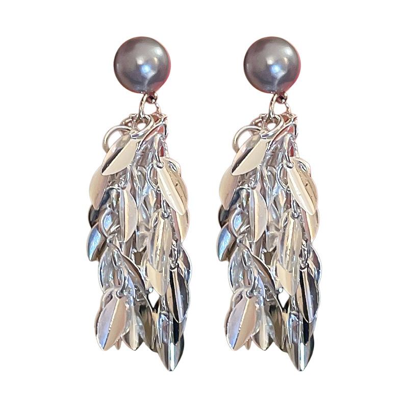 Cold metallic leaf tassel imitation pearl silver needle earrings personalized one two wear temperament high-end earrings women