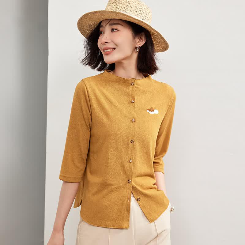Women s Lightweight Retro Embroidered Stand-Collar 3/4 Sleeve Knit Top XL