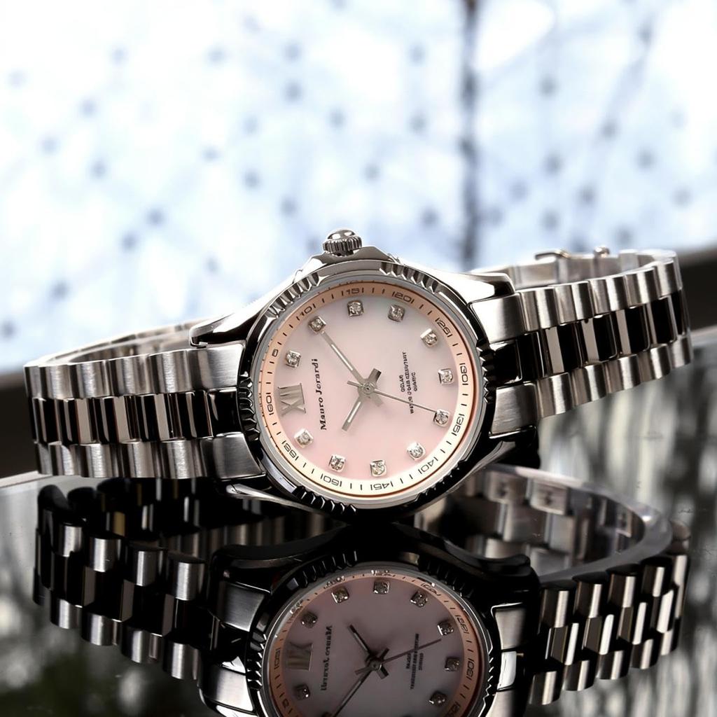 Mauro Geraldi Solar All Stainless 5 ATM Water Pink MJ038 Watch, Steel, Resistant, Zirconia, Women's, MOP, (MJ038-3/Pink)