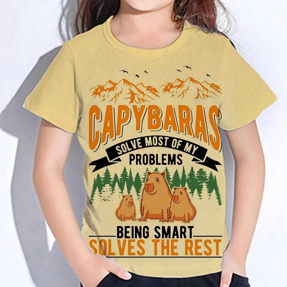 

Одежда для девочек Футболки для детей с принтом в виде букв капибары Детская летняя одежда Черная футболка с коротким рукавом для мальчиков и девочек Уличная одежда Топы 160