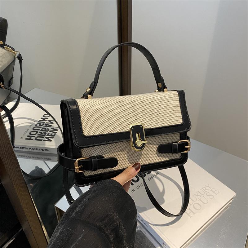 NEW Luxury Designer Lock Straw and PU Leather Patchwork Women's Handbag Retro Crossbody Bag Flap Tote