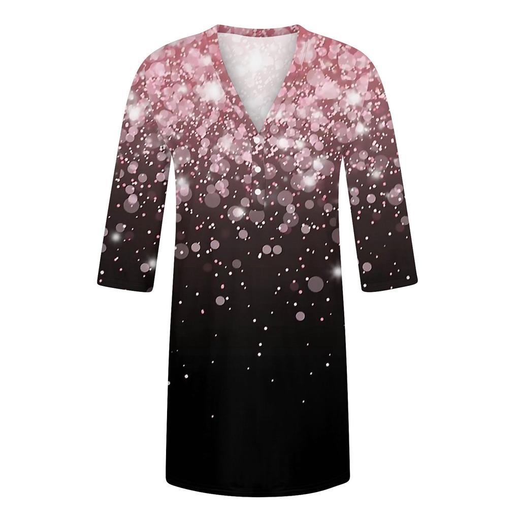 Dresses For Women Casual V Neck Casual Three Quarter Sleeve Dress Button Sundress