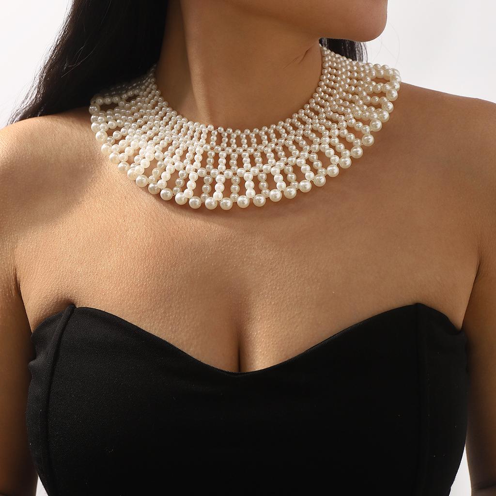 Fashion French Palace Style Handmade Woven Faux Pearl Collar Choker Retro False Collar Necklace Elegant Female Jewelry