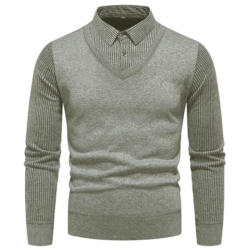 Mittelalterlich und Älter Herbst und Winter Samt Business Casual Langarm Strickhemd Falsches Zweiteiler Pulloverhemd